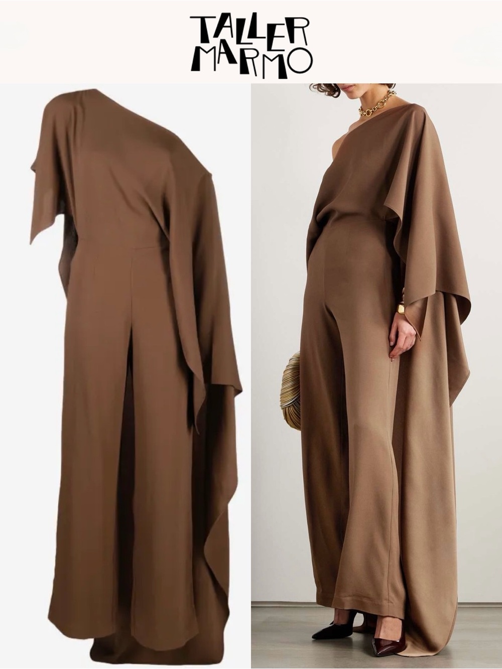 Taller Marmo Jerry Wide-Leg Jumpsuit One-Shoulder Brown Draped Cape Brown $1590